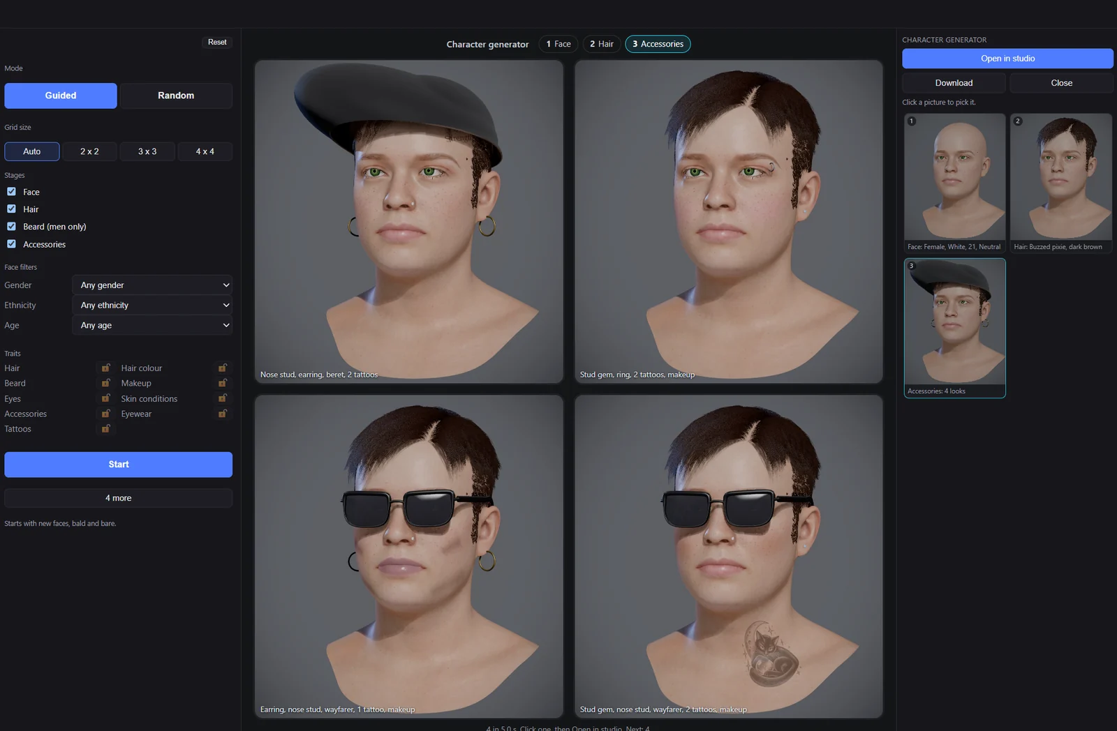 The Character generator: four looks of one face, with hats, glasses and piercings